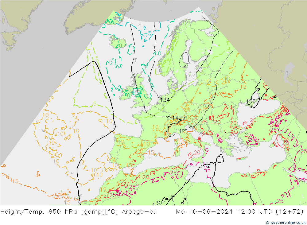 Height/Temp. 850 hPa Arpege-eu Mo 10.06.2024 12 UTC