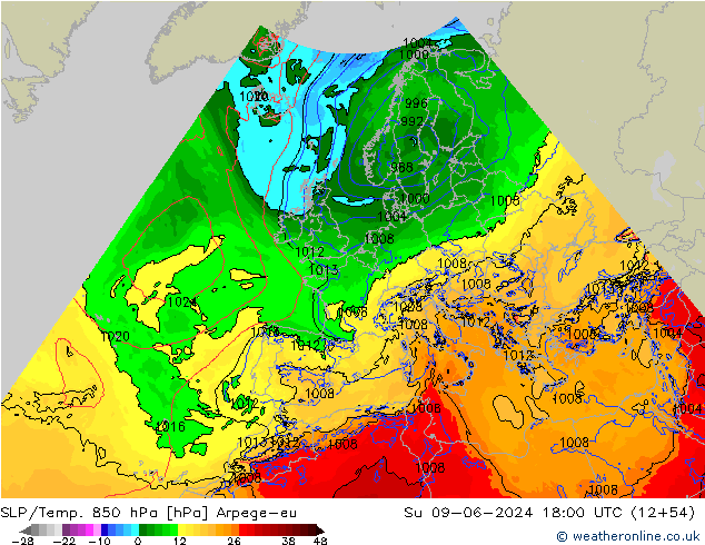 SLP/Temp. 850 hPa Arpege-eu Su 09.06.2024 18 UTC