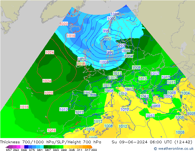 Thck 700-1000 hPa Arpege-eu Su 09.06.2024 06 UTC