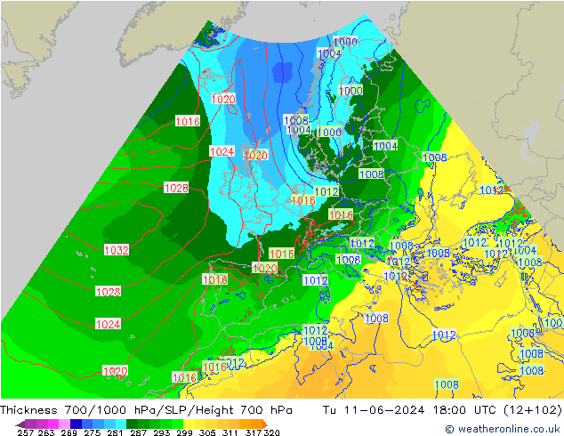 Schichtdicke 700-1000 hPa Arpege-eu Di 11.06.2024 18 UTC