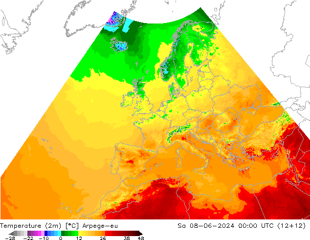 Temperatuurkaart (2m) Arpege-eu za 08.06.2024 00 UTC