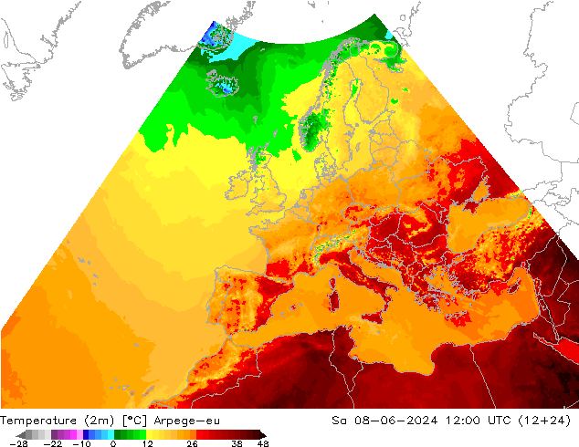 Temperatuurkaart (2m) Arpege-eu za 08.06.2024 12 UTC