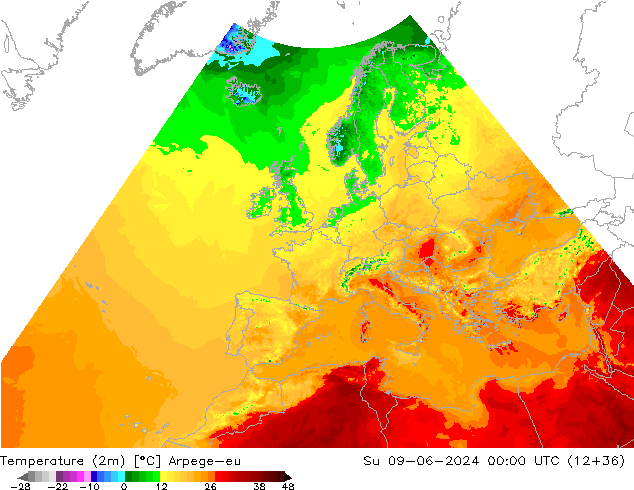 Temperaturkarte (2m) Arpege-eu So 09.06.2024 00 UTC