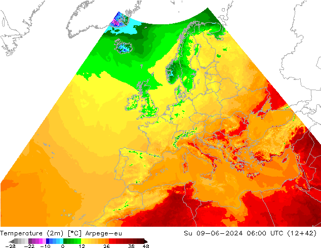 Temperaturkarte (2m) Arpege-eu So 09.06.2024 06 UTC