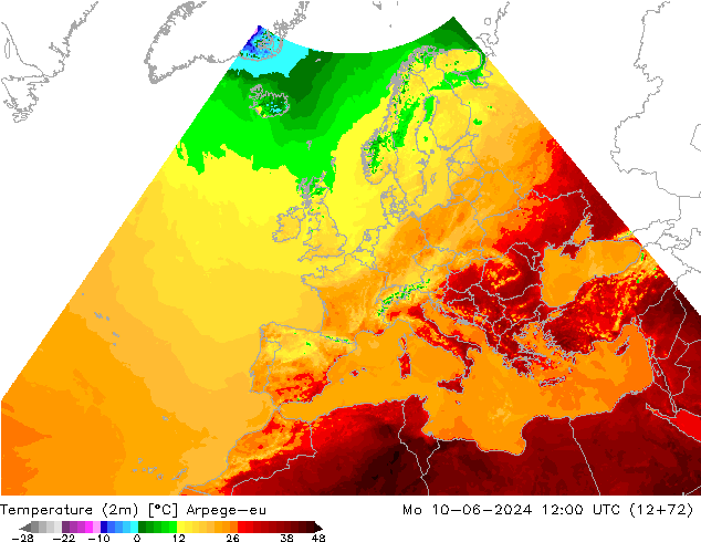 Temperature (2m) Arpege-eu Mo 10.06.2024 12 UTC