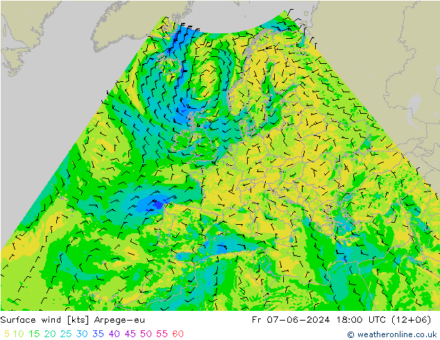 Wind 10 m Arpege-eu vr 07.06.2024 18 UTC