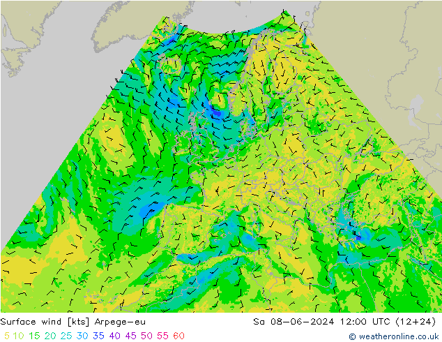 Vento 10 m Arpege-eu Sáb 08.06.2024 12 UTC