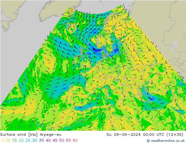 Viento 10 m Arpege-eu dom 09.06.2024 00 UTC