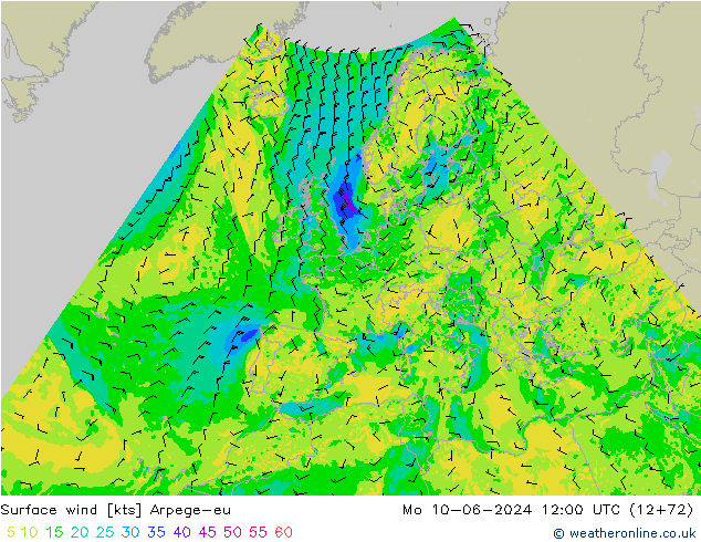 Surface wind Arpege-eu Mo 10.06.2024 12 UTC