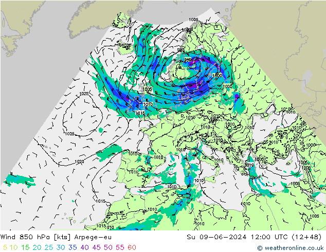 Wind 850 hPa Arpege-eu So 09.06.2024 12 UTC