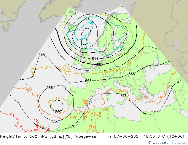 Height/Temp. 500 hPa Arpege-eu 星期五 07.06.2024 18 UTC