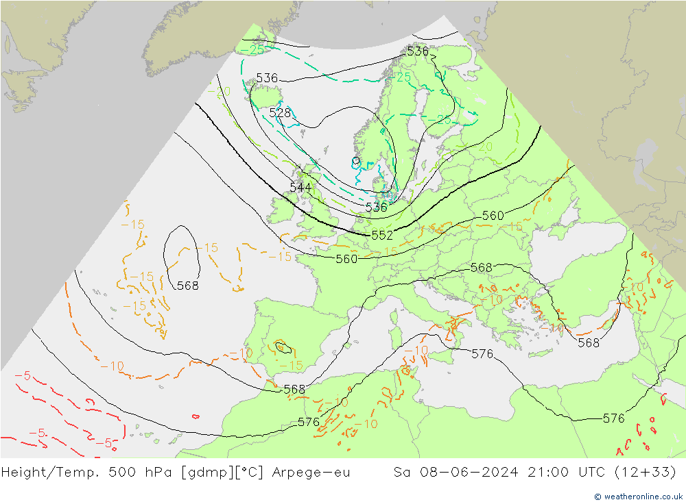 Height/Temp. 500 hPa Arpege-eu Sáb 08.06.2024 21 UTC