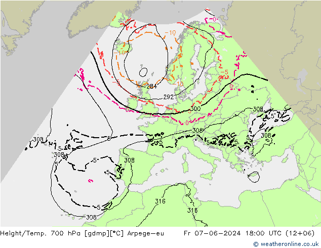 Height/Temp. 700 hPa Arpege-eu Sex 07.06.2024 18 UTC