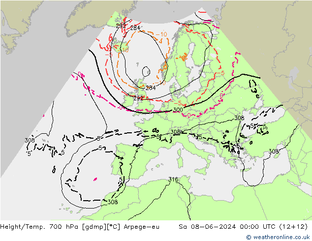 Hoogte/Temp. 700 hPa Arpege-eu za 08.06.2024 00 UTC