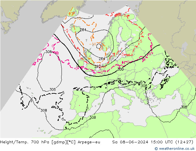 Height/Temp. 700 hPa Arpege-eu sab 08.06.2024 15 UTC