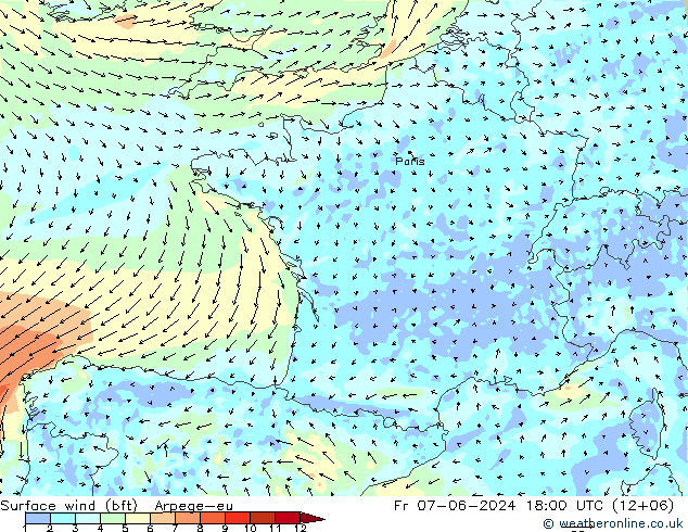 Surface wind (bft) Arpege-eu Pá 07.06.2024 18 UTC