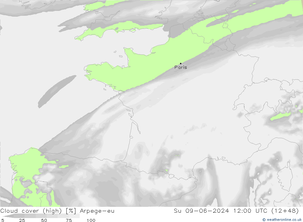 Cloud cover (high) Arpege-eu Su 09.06.2024 12 UTC