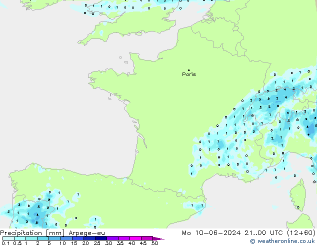 Precipitazione Arpege-eu lun 10.06.2024 00 UTC