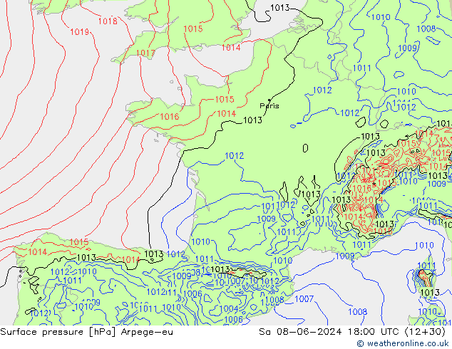 Pressione al suolo Arpege-eu sab 08.06.2024 18 UTC