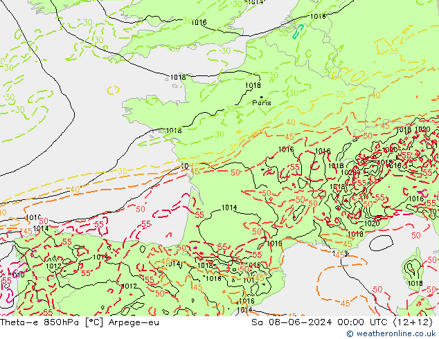Theta-e 850hPa Arpege-eu Cts 08.06.2024 00 UTC