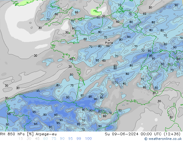 RH 850 hPa Arpege-eu Dom 09.06.2024 00 UTC