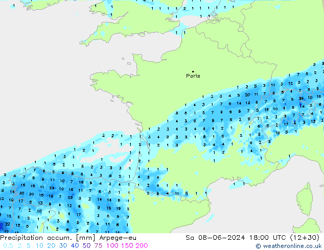 Precipitation accum. Arpege-eu Sa 08.06.2024 18 UTC
