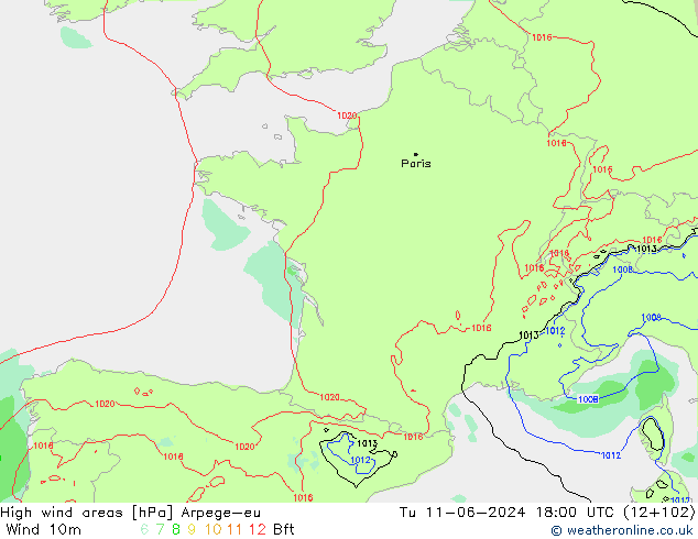 High wind areas Arpege-eu вт 11.06.2024 18 UTC