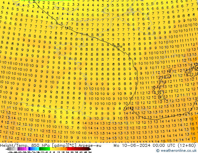 Géop./Temp. 850 hPa Arpege-eu lun 10.06.2024 00 UTC