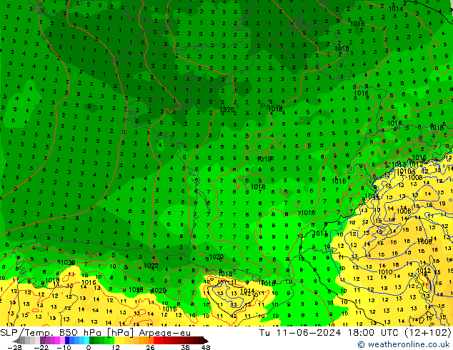 SLP/Temp. 850 hPa Arpege-eu Tu 11.06.2024 18 UTC