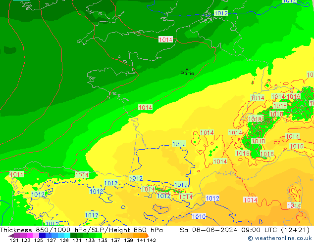 Thck 850-1000 hPa Arpege-eu so. 08.06.2024 09 UTC