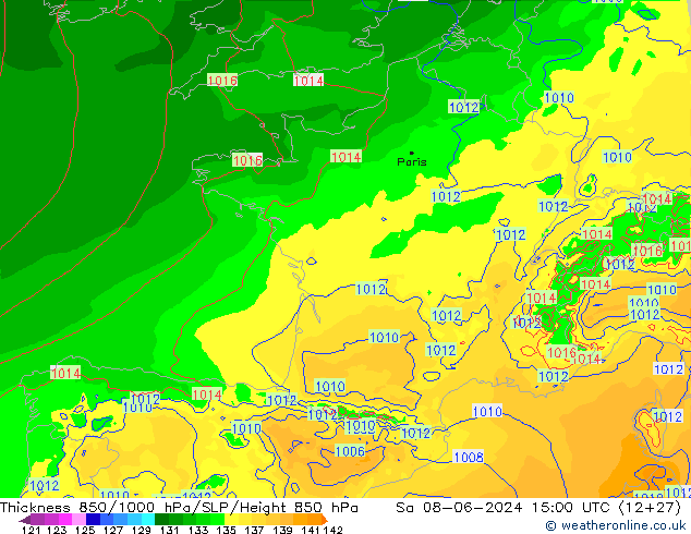 Espesor 850-1000 hPa Arpege-eu sáb 08.06.2024 15 UTC