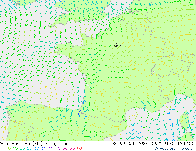 Vent 850 hPa Arpege-eu dim 09.06.2024 09 UTC