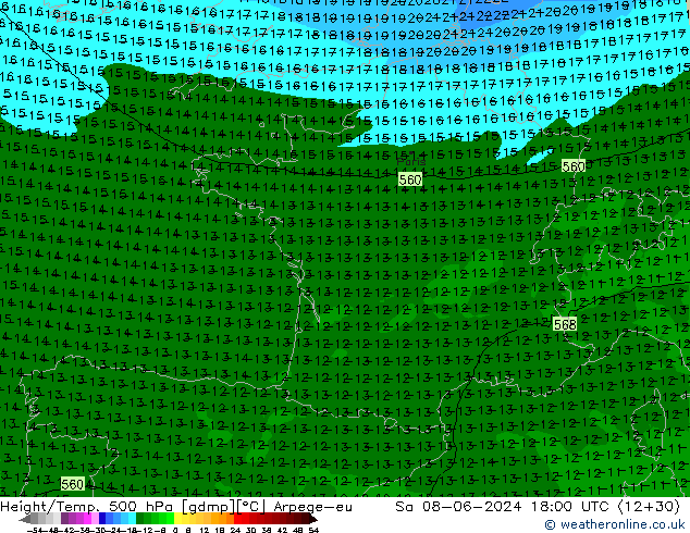 Height/Temp. 500 hPa Arpege-eu Sa 08.06.2024 18 UTC