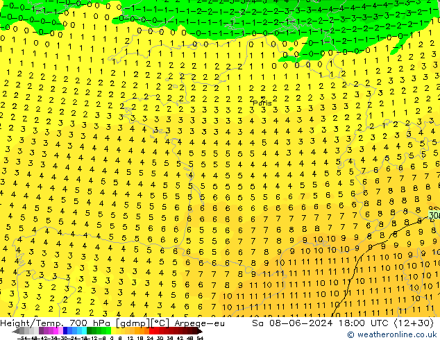 Height/Temp. 700 hPa Arpege-eu  08.06.2024 18 UTC