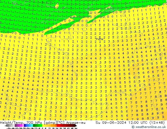 Height/Temp. 700 hPa Arpege-eu Su 09.06.2024 12 UTC