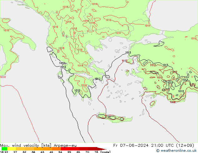 Max. wind velocity Arpege-eu Pá 07.06.2024 21 UTC