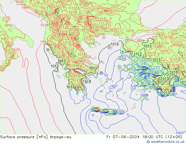 Pressione al suolo Arpege-eu ven 07.06.2024 18 UTC