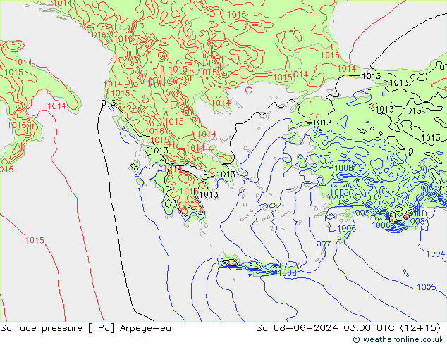 Pressione al suolo Arpege-eu sab 08.06.2024 03 UTC