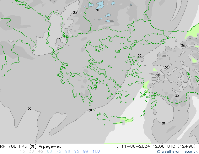 RH 700 гПа Arpege-eu вт 11.06.2024 12 UTC