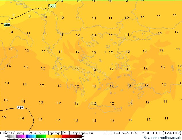 Geop./Temp. 700 hPa Arpege-eu mar 11.06.2024 18 UTC
