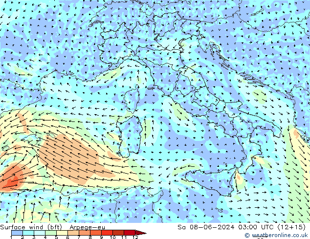 Wind 10 m (bft) Arpege-eu za 08.06.2024 03 UTC