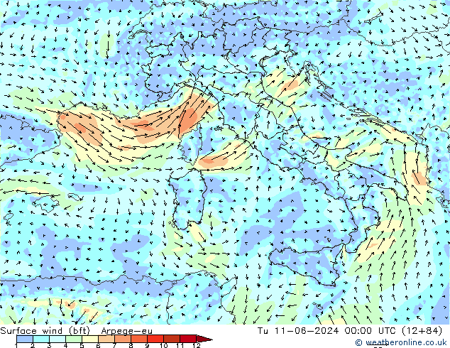 Surface wind (bft) Arpege-eu Út 11.06.2024 00 UTC