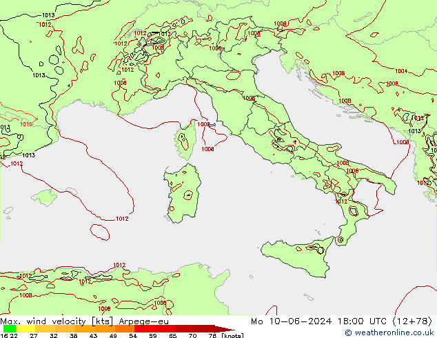 Max. wind velocity Arpege-eu lun 10.06.2024 18 UTC