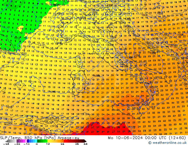 SLP/Temp. 850 hPa Arpege-eu  10.06.2024 00 UTC