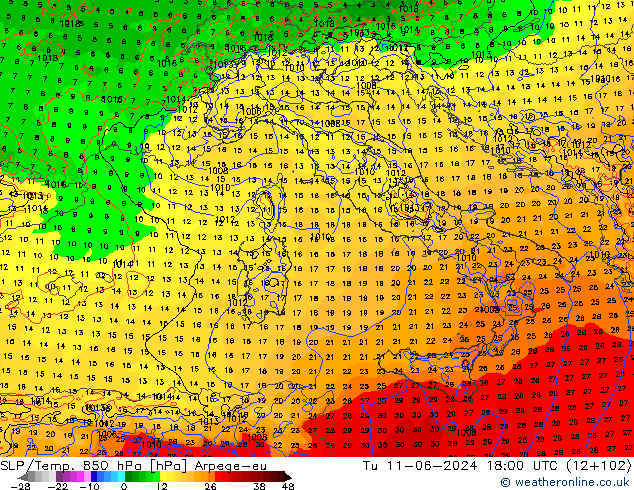 SLP/Temp. 850 hPa Arpege-eu Tu 11.06.2024 18 UTC