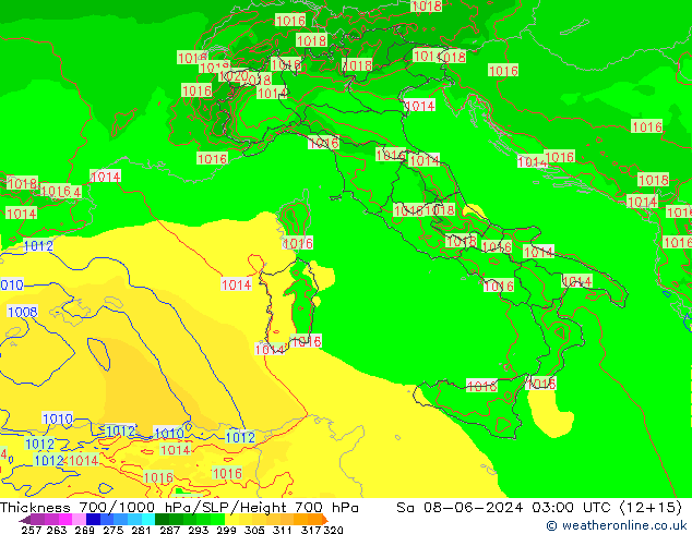 Thck 700-1000 hPa Arpege-eu Sa 08.06.2024 03 UTC