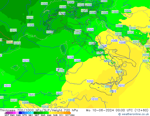 Thck 700-1000 hPa Arpege-eu  10.06.2024 00 UTC