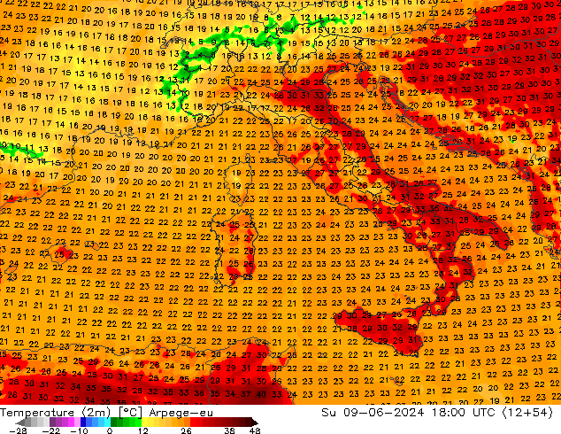 Temperatura (2m) Arpege-eu dom 09.06.2024 18 UTC