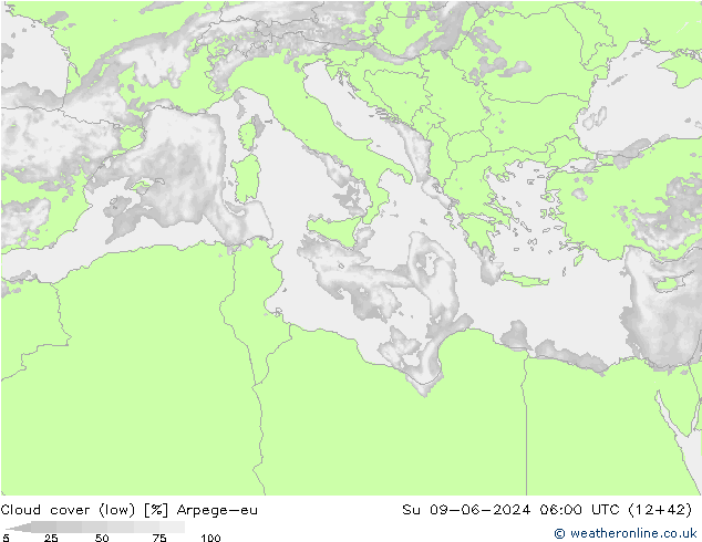 Cloud cover (low) Arpege-eu Su 09.06.2024 06 UTC