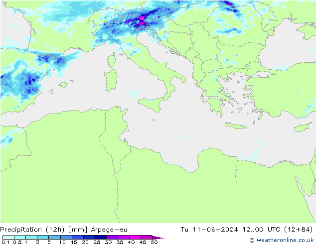 Totale neerslag (12h) Arpege-eu di 11.06.2024 00 UTC